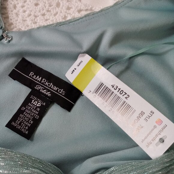 New R&M Richards Maxi Dress Fit Flare Aqua Blue Glitter Empire Waist 14 P Women - Picture 4 of 8
